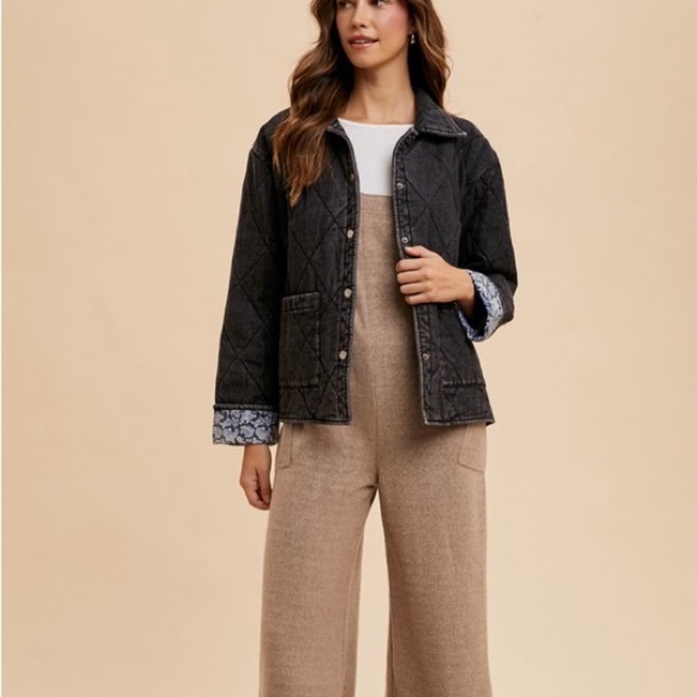 Annie Wear Quilted Printed Lining Snap Down Denim Jacket Black - Picture 5 of 5